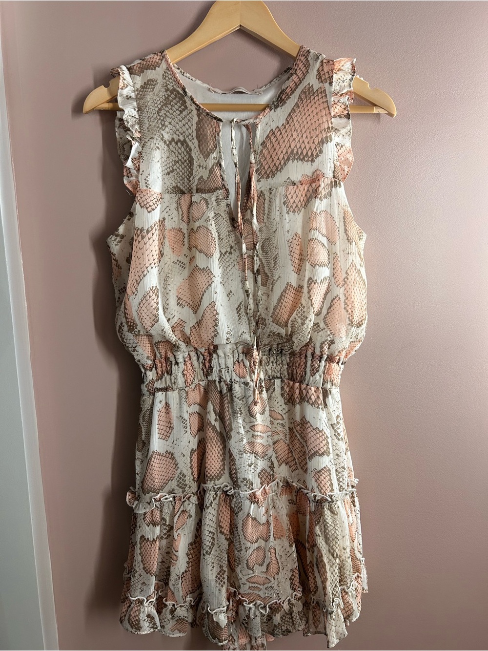 The Impeccable Pig Blush and Ivory Snake-Print Ruffle Mini Dress